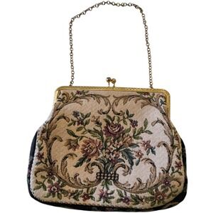 Vintage Tapestry Evening Bag Floral Kiss Clasp Gold Frame Chain‎ Purse